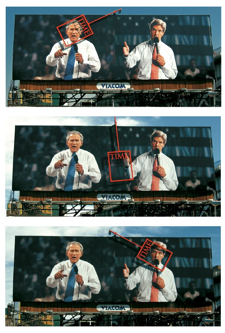  PENDULUM BILLBOARD   In the month leading up to the 2004 election, the Time Pendulum billboard appeared on the West Side Highway, catching the attention of David Letterman, who complained during his monologue that his commute was being slowed by en